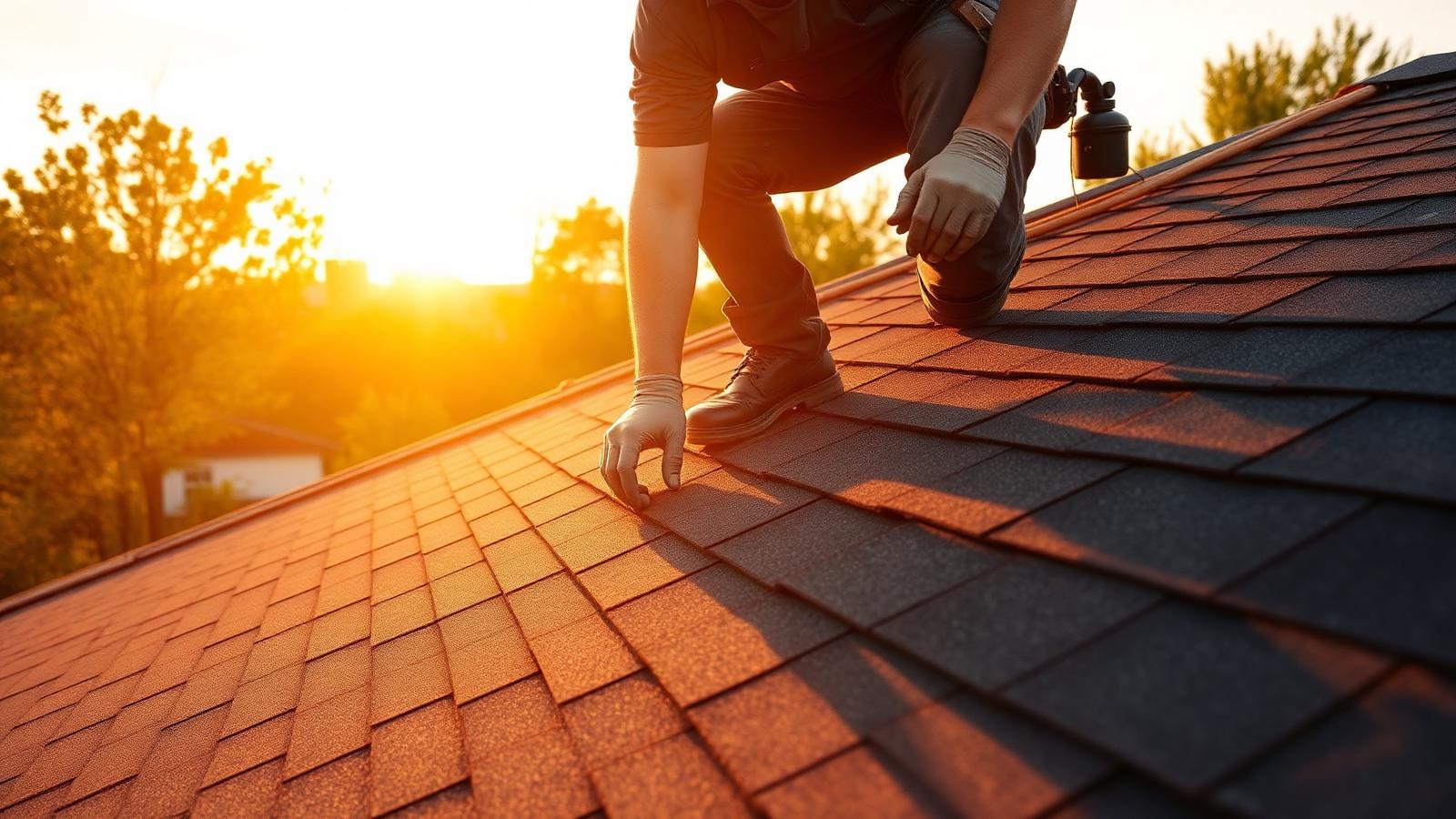 Roofer installing shingles
